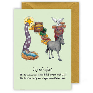 n is for nativity personalised alphabet christmas card