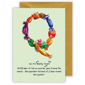 q is for quality street alphabet letter christmas card for name beginning with q