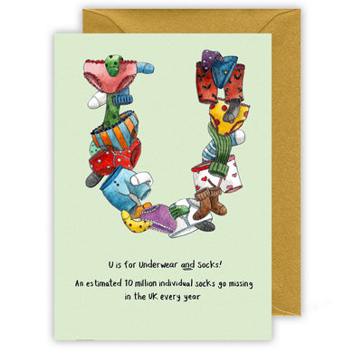 u is for underpants funny personalised alphabet letter u christmas card