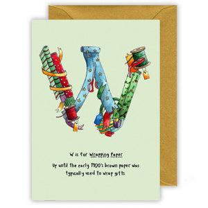 w is for wrapping paper alphabet letter w personalised  christmas card