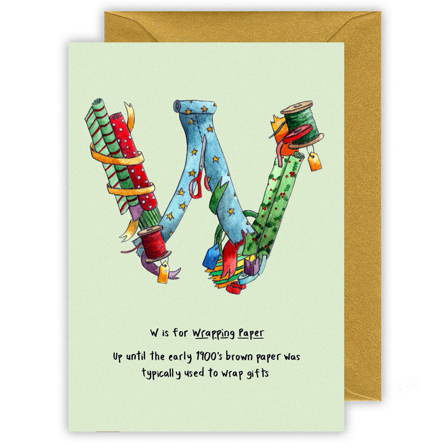 w is for wrapping paper alphabet letter w personalised  christmas card