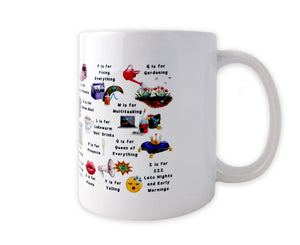the mothers alphabet mug. Birthday gift idea for mums