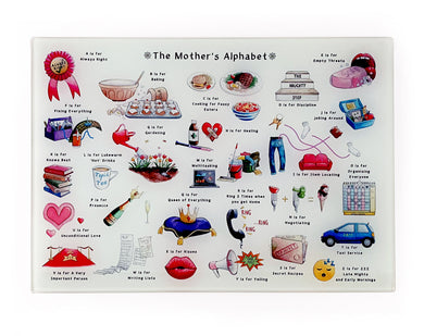 the mother's alphabet glass cutting board. Mother's Day gift ideas for mums who love to cook