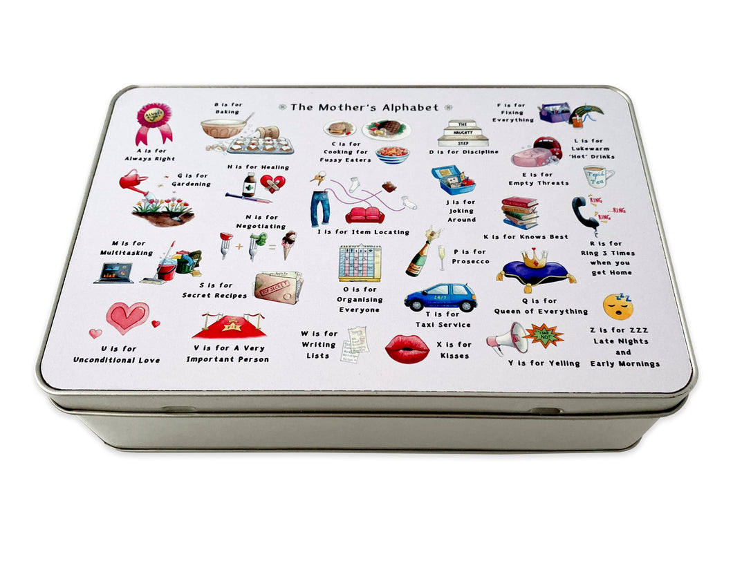 the mothers alphabet keepsake storage tin. Mother's day gift idea