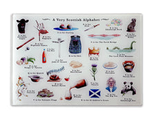 Load image into Gallery viewer, a very scottish alphabet temepered glass cutting board foodie gift idea for her
