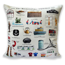 Load image into Gallery viewer, the birmingham alphabet cushion new home gift idea for someone living in birmingham in the uk
