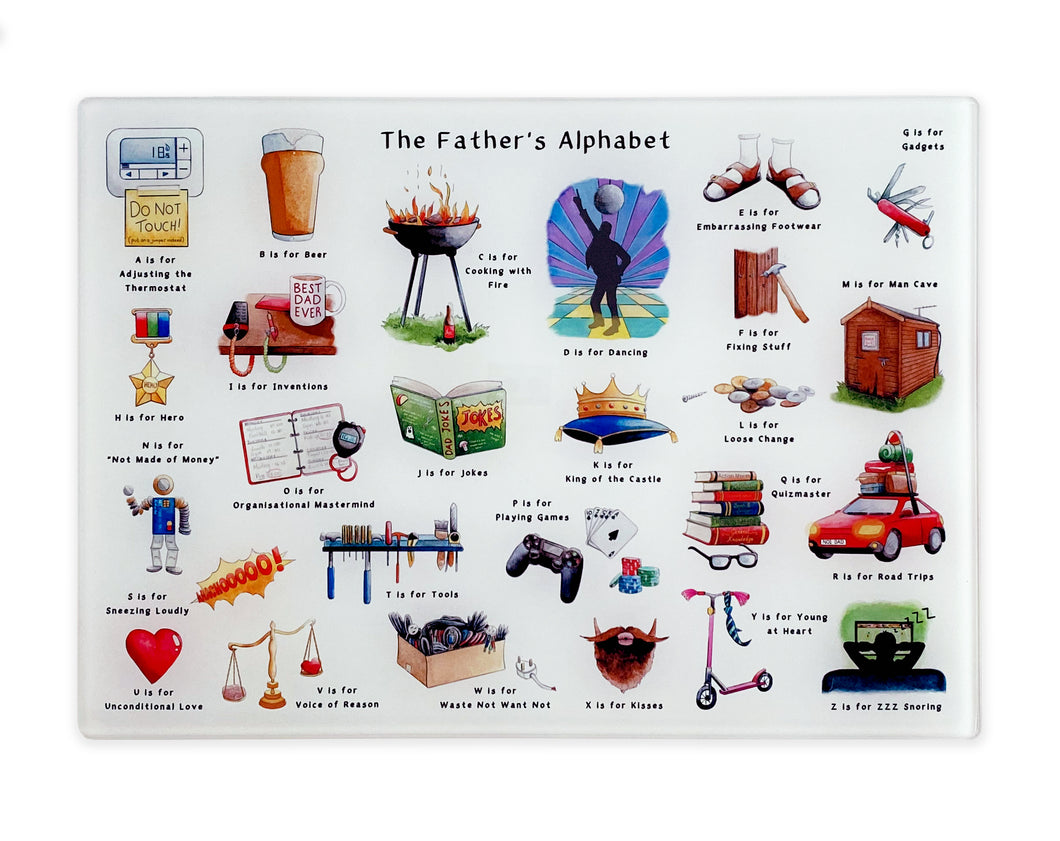 The Father's Alphabet tempered glass cutting board, Father's Day Gift in the UK