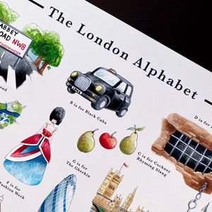 the london alphabet art print for london black cabbies 
