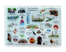 Load image into Gallery viewer, the london alphabet tempered glass cutting board london foodie gift idea
