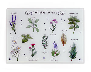 witches herbs tempered glass cutting board. Witches kitchen gift idea for her